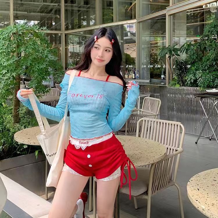 Thin off-shoulder Embroidered Long-sleeved Slim-fit T-shirt Women's Summer Spice Girls Niche Blue Short Sunscreen Blouse Top