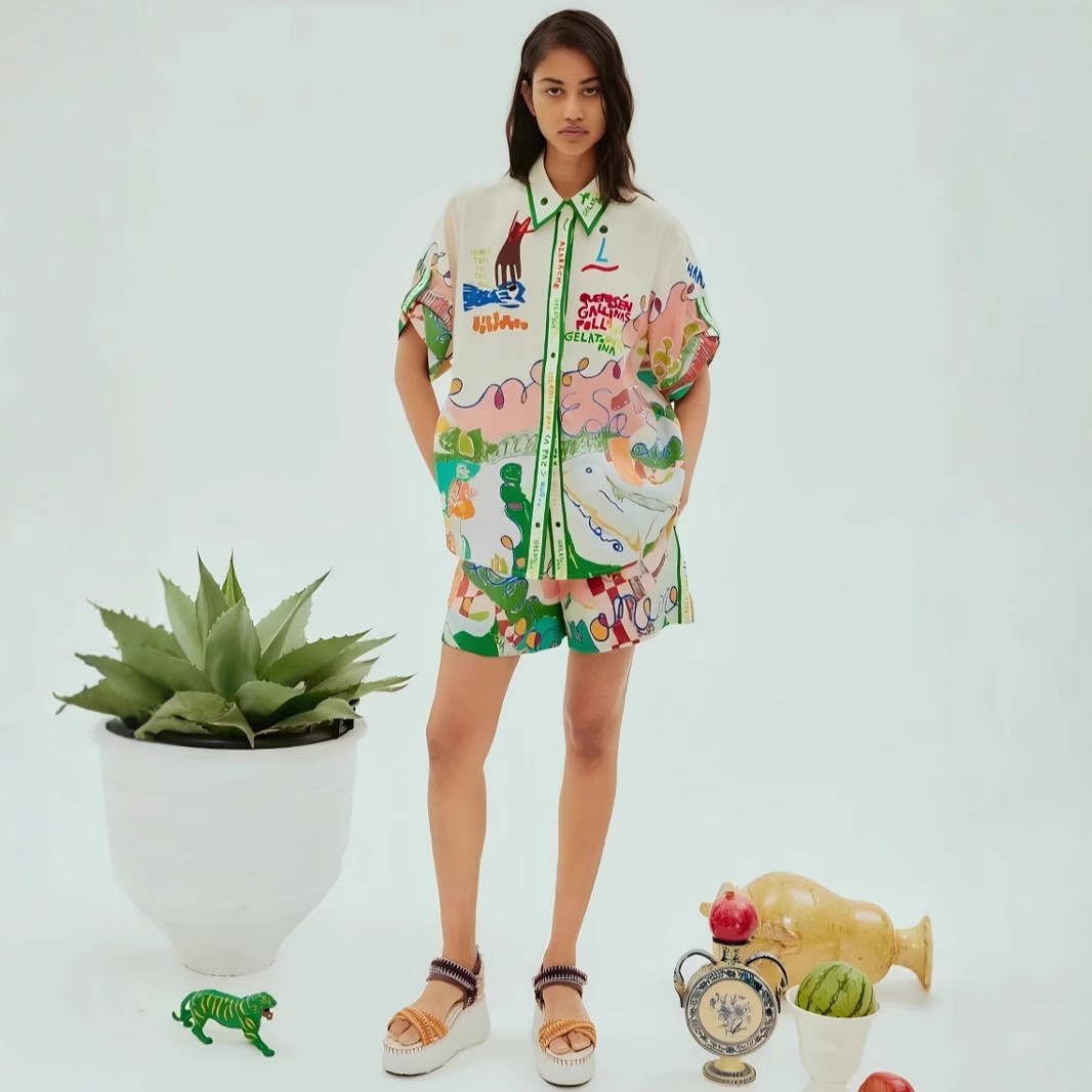 European and American Cross-border 2024 New AliExpress Independent Station Fashion Printed Linen Casual All-match Shirt Cardigan Shorts