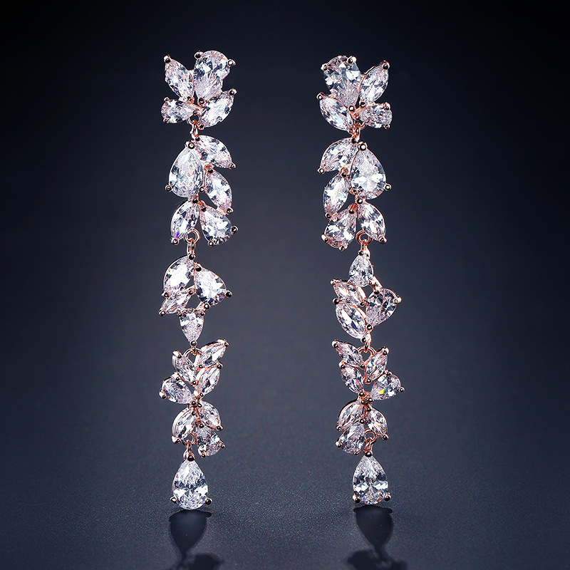 RAKOL European and American Elegant Light Luxury Long Tassel Earrings Women's Inlay 3A Zircon Earrings All-match Bridal Earrings