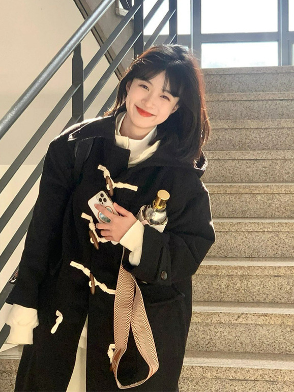Long Black Corner Button Woolen Coat Women's Woolen Coat Autumn and Winter 2024 New Hepburn Style Korean Style Elegant