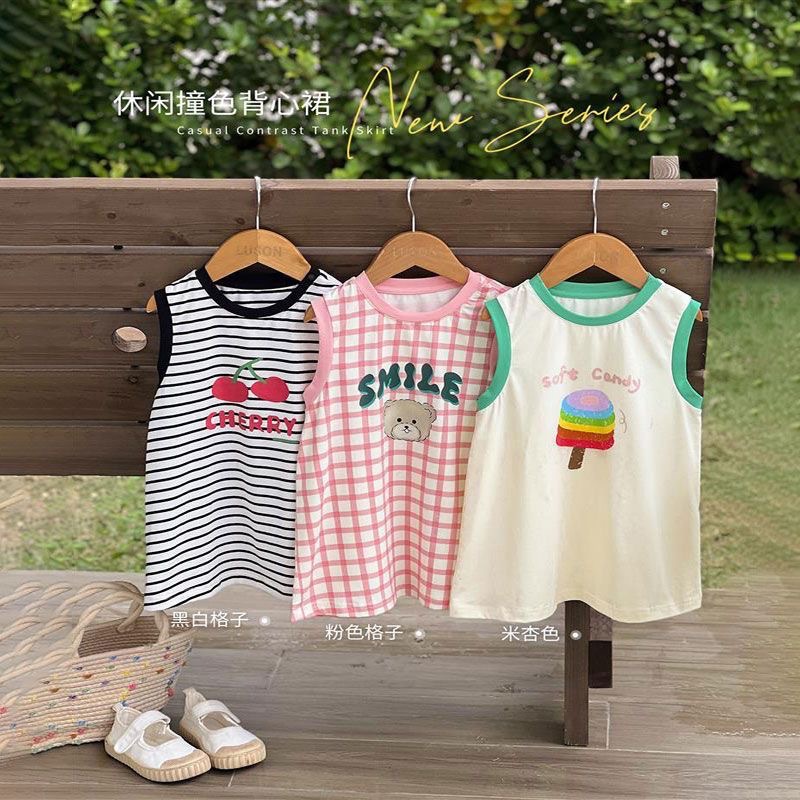 Baby Striped Vest Small Children's Girl Summer 2024 New Sleeveless Cartoon Cute Vacation Casual T-shirt dress