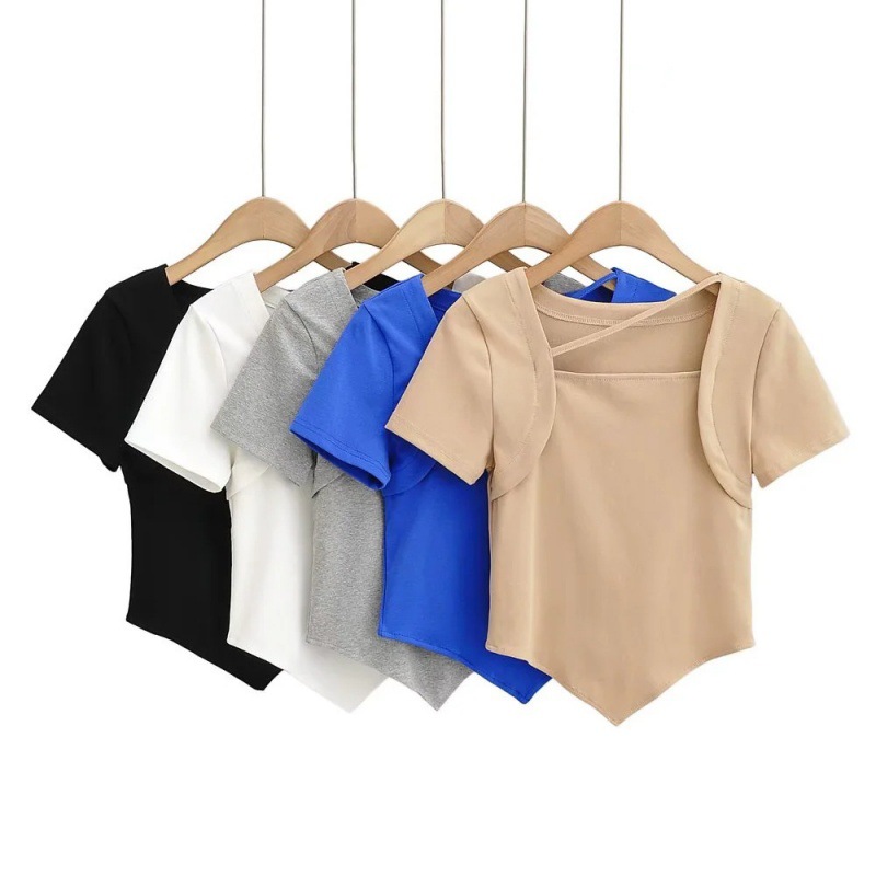 Pure Desire Wind Irregular Beveled Short Sleeve T-shirt Summer New European and American Elastic T-shirt Basic Short Top ins