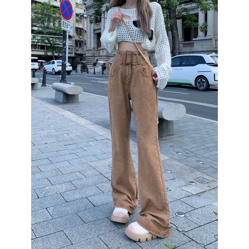 Pear-shaped Tooling Jeans Women's 2024 Hong Kong Style Spring and Autumn Hot Girls High Waist Micro Horn Wide Leg Trousers