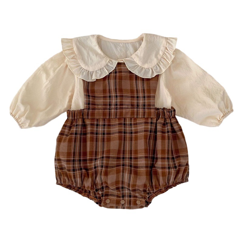 Ins New Baby Girl Retro Plaid Suspenders Romper Lace Lapel Long-Sleeved Shirt Two-Piece Set