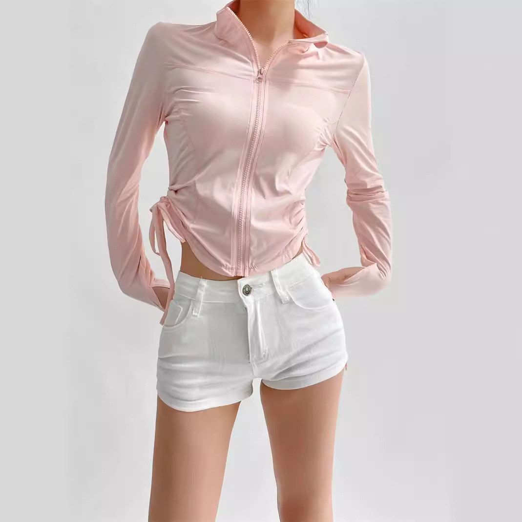 European and American Spice Girls Drawstring Collar Long Sleeve Finger Sun Protection Clothing Summer New Cold Sense Thin Slim Cardigan Top