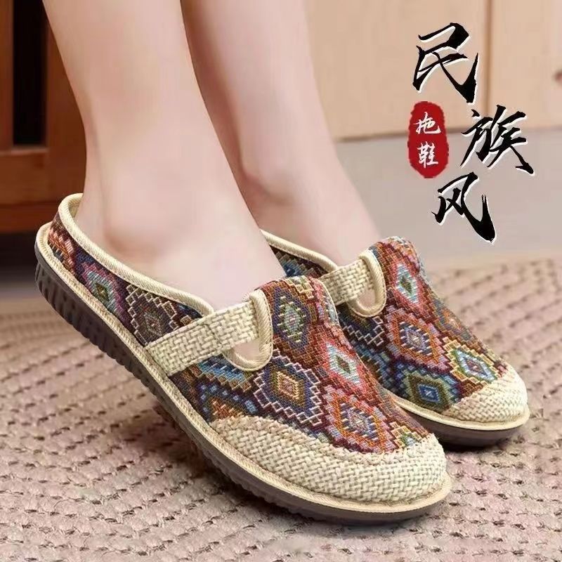 2025 Summer Ethnic Style Old Beijing Cloth Shoes Baotou Slippers Breathable Women's Shoes Linen National Style Half Slippers Han Dynasty Shoes