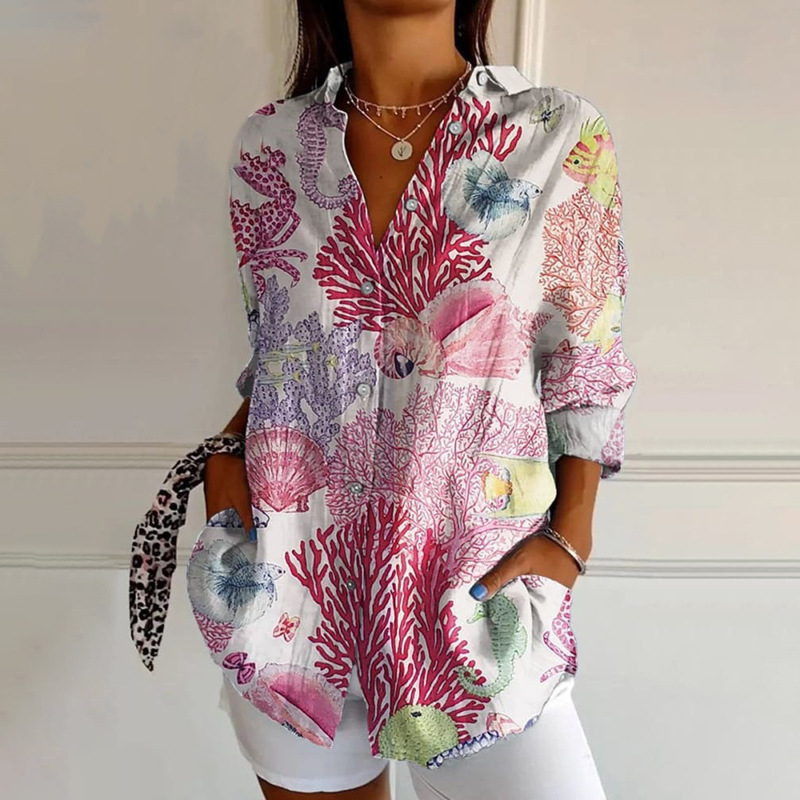 2025 New Women's Long Shirt Women's Spring and Summer European and American Fashion Long Sleeve Shirt Flower Pattern Printing 3D Lining