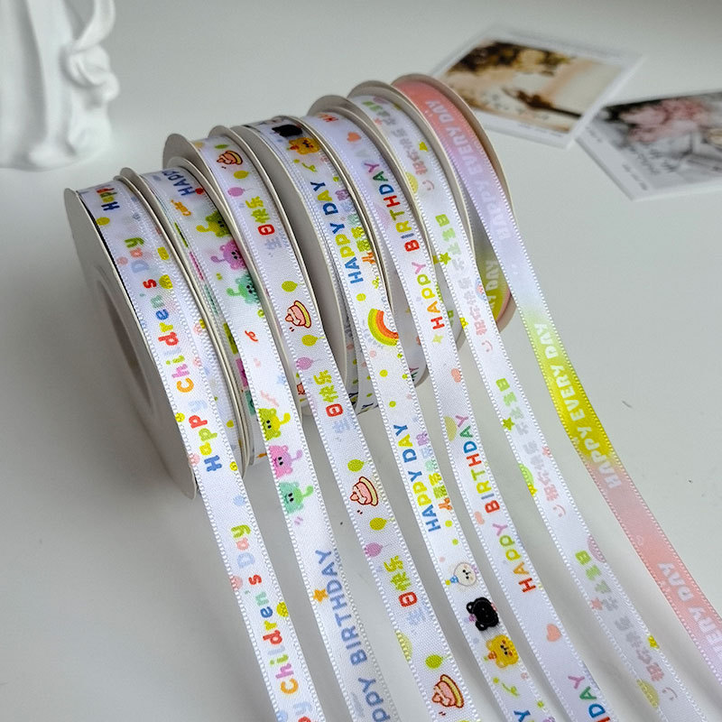 Wholesale Children's Day Ribbon Hand Accompanying Gift Packaging Ribbon Bow Happy Birthday 1cm Ribbon Cartoon Ribbon