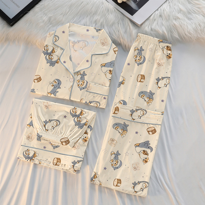 Picture of Spring and summer new high-end pajamas women's cardigan cute cartoon short sleeve three-piece home clothes suit can be worn wholesale