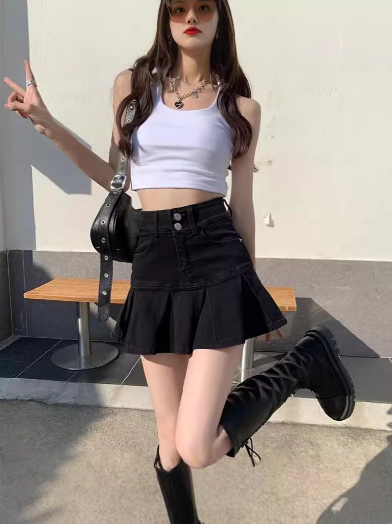 Black Denim Skirt Women's Summer American High Waist A- Line Pleated Small Hip Hot Girl Skirt Fishtail Skirt
