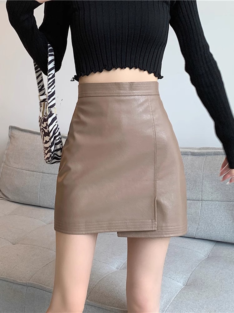 Irregular PU Skirt Women's Autumn Tight Sexy Skirt plus size Slim Fat Girl Anti-walking Leather Skirt Hip Skirt