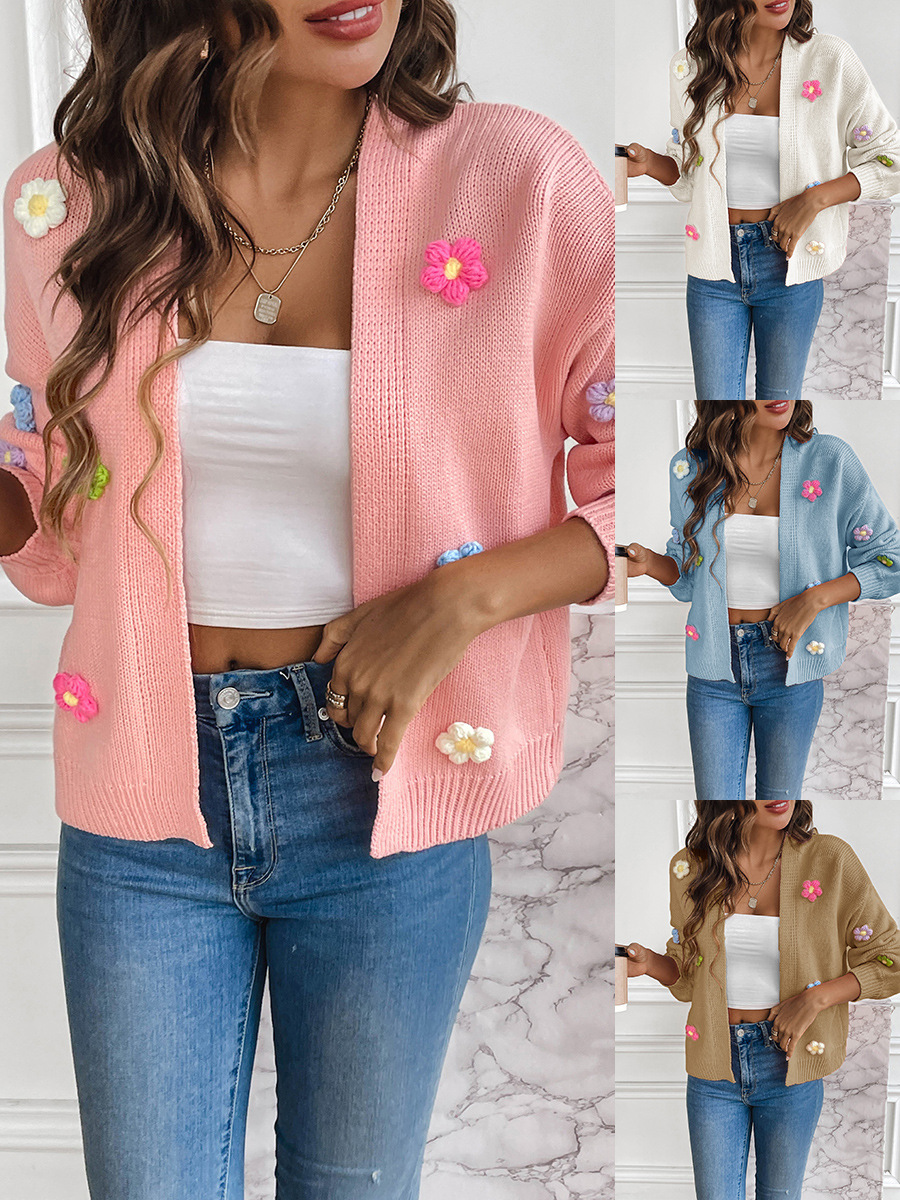 Foreign trade cross-border new hand hook flower sweet knitted cardigan sweater coat women's lazy casual loose sweater