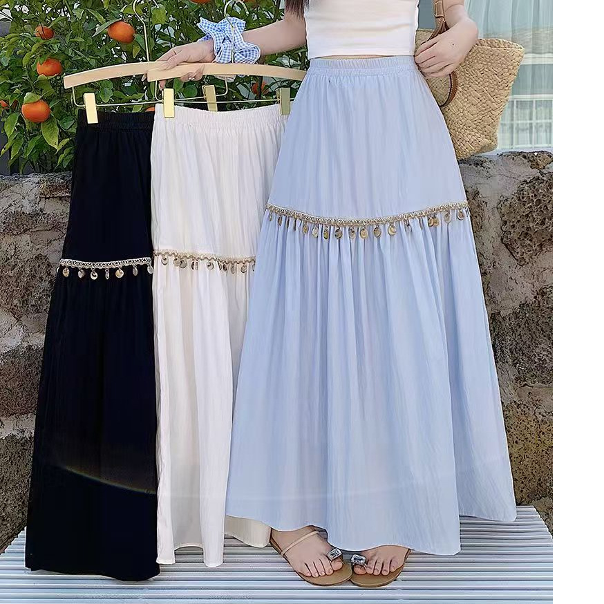 Boho style sequin skirt women's 2025 summer new spliced blue temperament elegant lady midi skirt