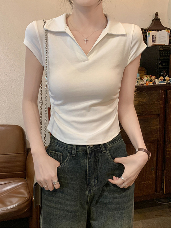 Picture of Ins Spice Girls Pure Wants Tight Waist T-shirt Short Sleeve Women's Summer New Solid Color Base Pullover Slim Fit Top Women's Fashion Wholesale