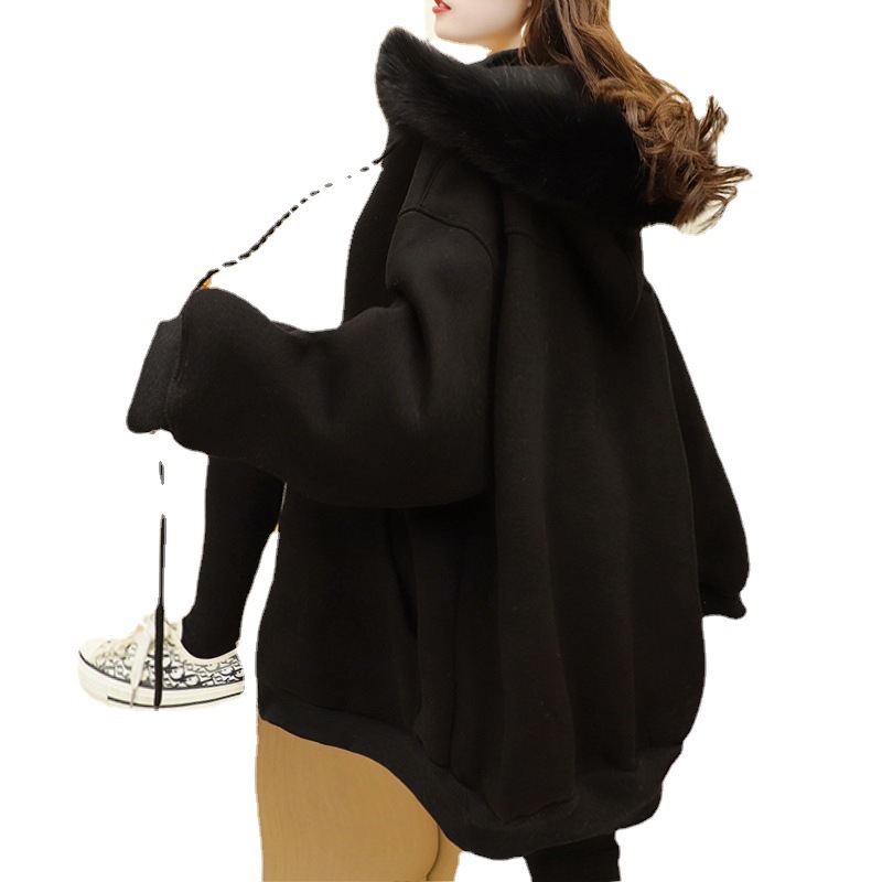 Picture of Mid-length Fleece-lined Jacket Women's Loose Korean-style All-match Solid Color Fur Collar Hooded Cardigan Women's Thickened Trendy Sweater