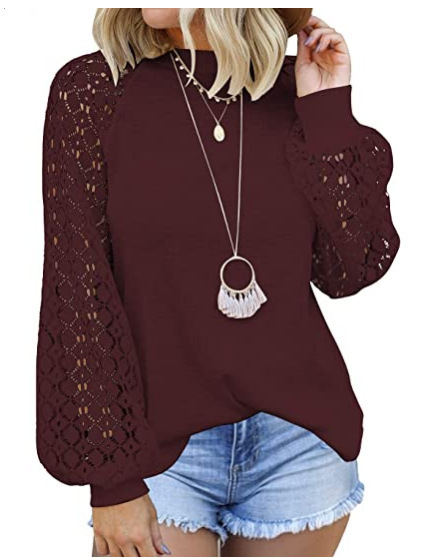 Picture of 2025 New Women's Clothing Amazon Cross-Border Round Neck Long Sleeve Lace Patchwork Loose Top for Women