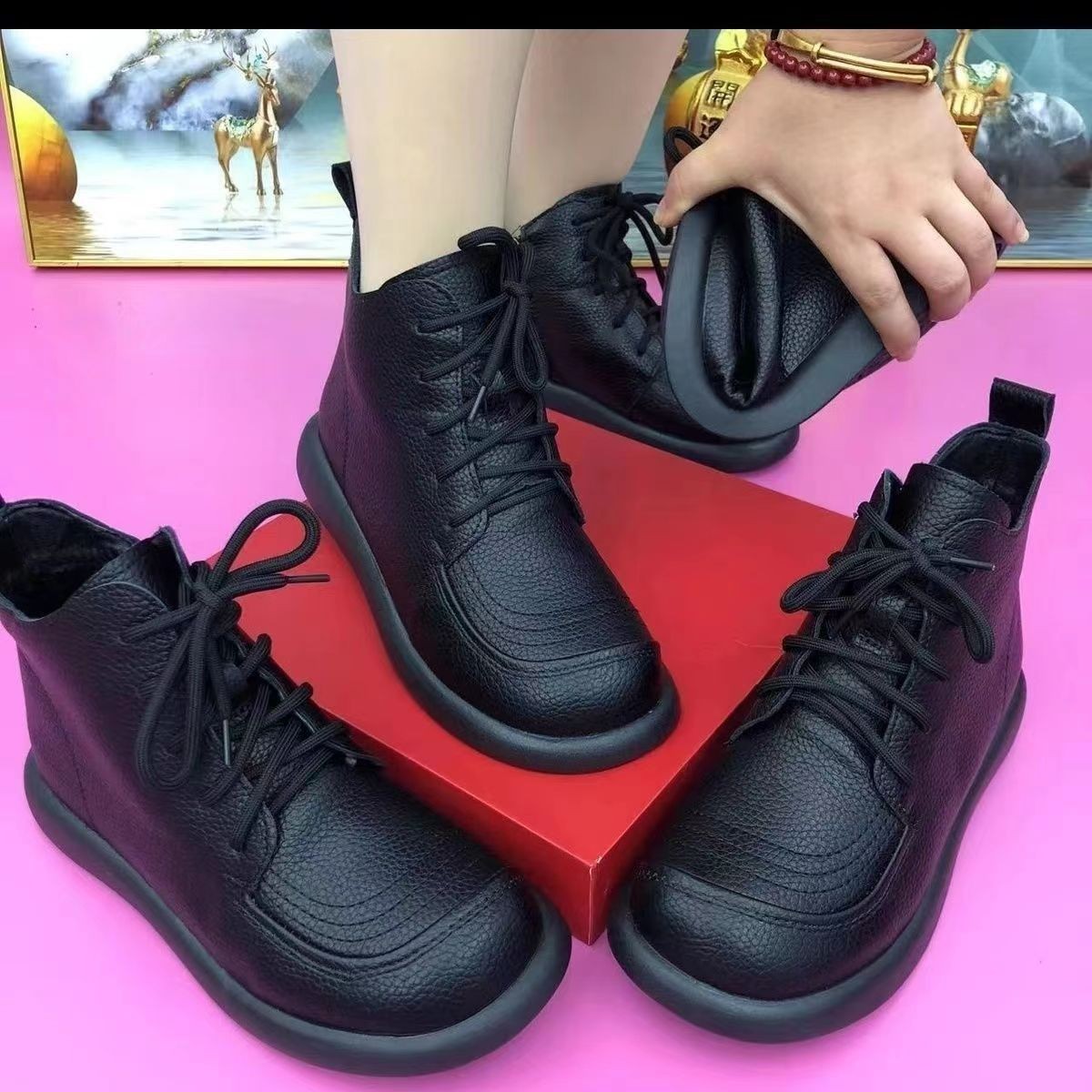 Retro style soft bottom fleece-lined martin boots women 2024 autumn and winter new casual comfortable warm mother shoes wholesale