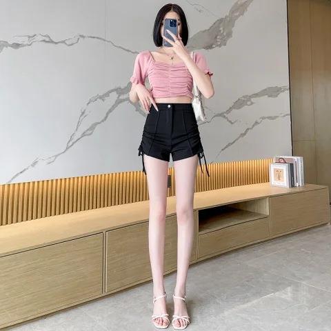Autumn high waist slimming drawstring casual pants hot pants hot girl shorts Women's Small design sense niche black pants