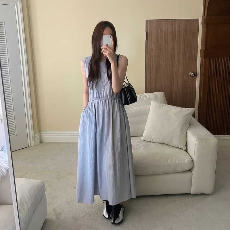 Korean summer crew neck waist sleeveless dress