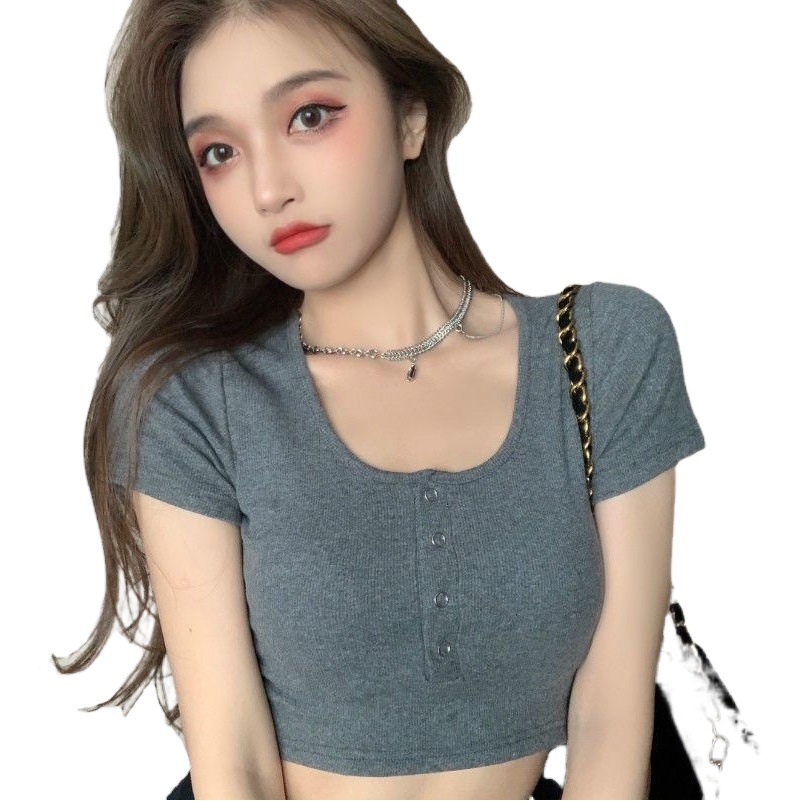 Pure Desire Hot Girl Slim-fit Short-sleeved Top Women's Summer New Sweet and Hot Short Sexy All-match Button T-shirt Top