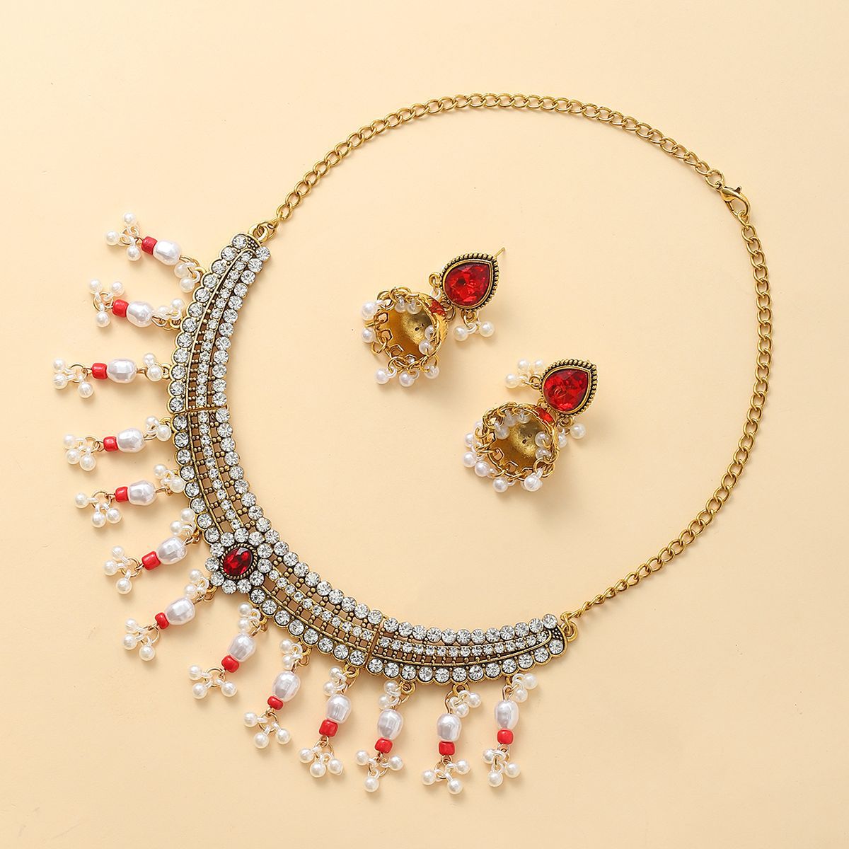 Picture of European and American Cross-border Pearl Tassel Drop Beads Exaggerated Necklace Earrings Women Bohemian Fashion Vintage Jewelry suit Women