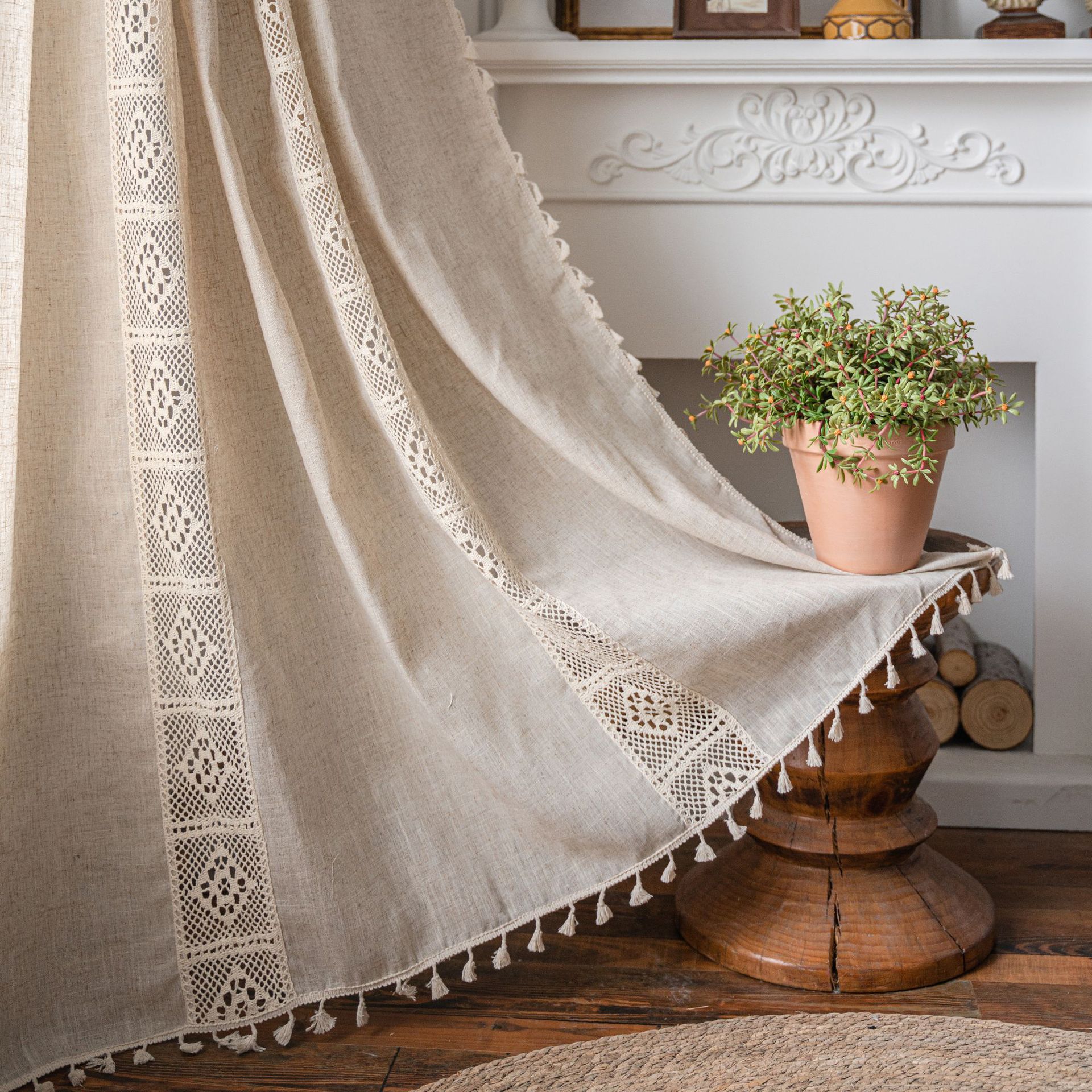 Picture of Yiman Qiyun Curtain Lanju Curtain Finished Printed Hollow Stitching American Style Kitchen Curtain Semi-Shading Curtain Tassel