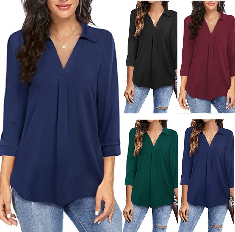 Amazon wish2022 European and American cross-border spring and summer new women's pullover v-neck top solid color loose plus size shirt