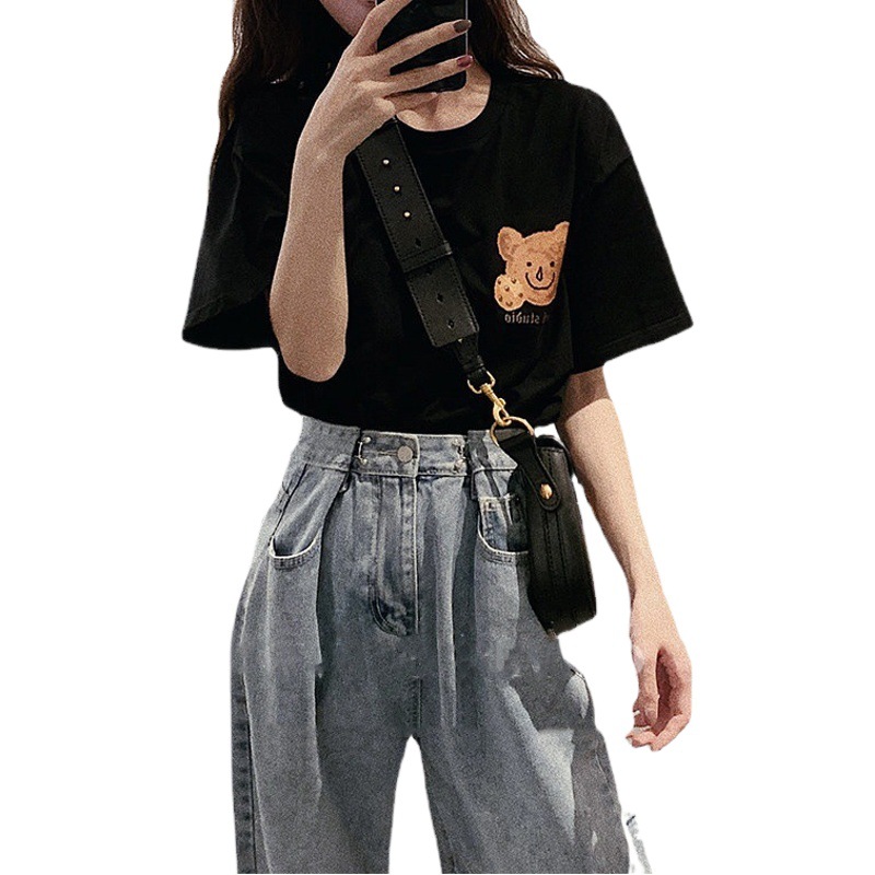 roora Couple's Summer Wear Bear Design Crew Neck Short Sleeve T-Shirt Trendy Brand Internet Popular ins Top Loose Clothes