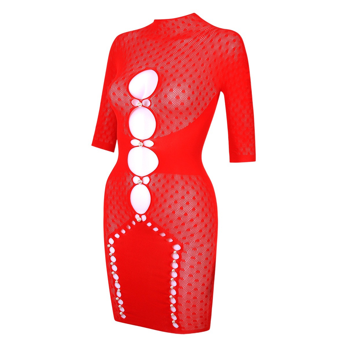 Hot girl sexy turtleneck slim-fit hip short ultra-thin temptation hollow mini dress tight hollow nightclub
