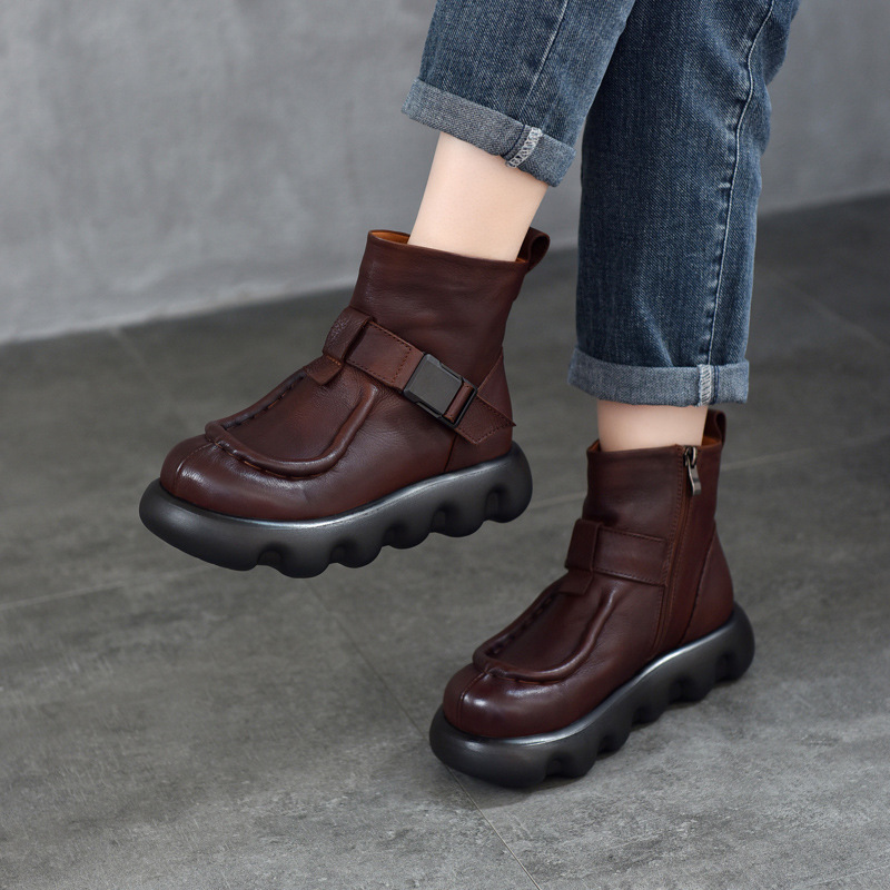 Retro Casual Thick-Soled Short Boots Belt Buckle Women's Boots Autumn and Winter First-Layer Cowhide Round-Toe Genuine Leather Roman Boots