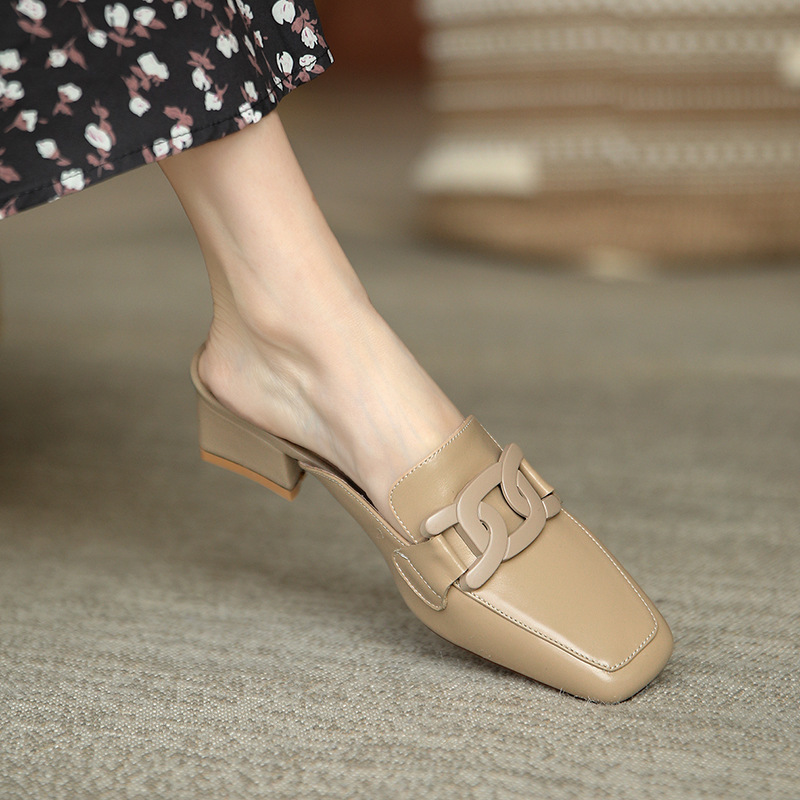 Great Wear ~ Square Head Mueller Sandals and Slippers Women's Outer Wear High-grade 2024 New Mid-thick Heel Baotou Half Slippers Women's Shoes