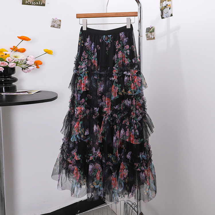 Picture of Fei Yuan High Waist Elaptic A- line Mesh Half Skirt Summer New Style Layered Floral Cake Skirt for Women