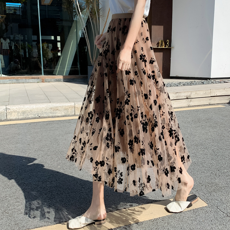 2024 Spring And Summer New Women's Mid-length Flocked FAiry Skirt High-wAisted A-line LArge Hem FlorAl Mesh Skirt