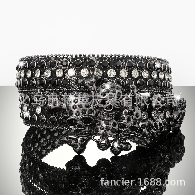 Cross-border skull inlaid rhinestone alloy buckle heavy industry belt Millennium dark hip hop punk style unisex