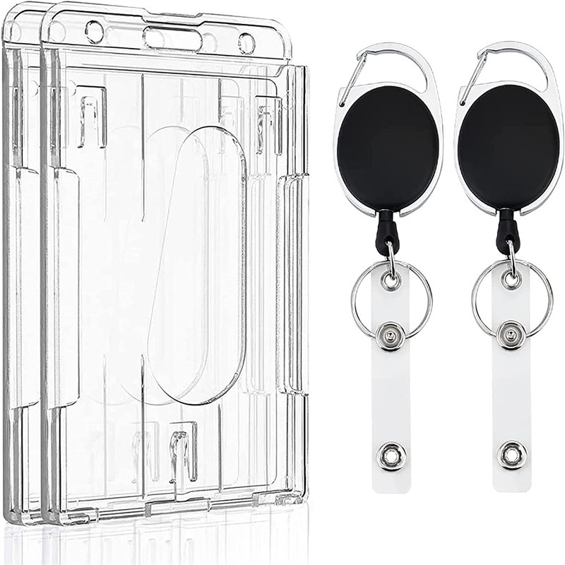 Card with thumb slot hard transparent protective cover black retractable badge reel carabiner clip easy pull buckle