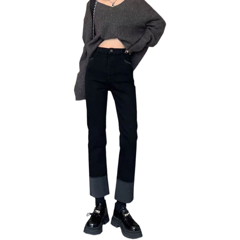 Stretch jeans women's autumn and winter contrast color high waist straight slim fit stitching flanging black cropped commuter pipe pants