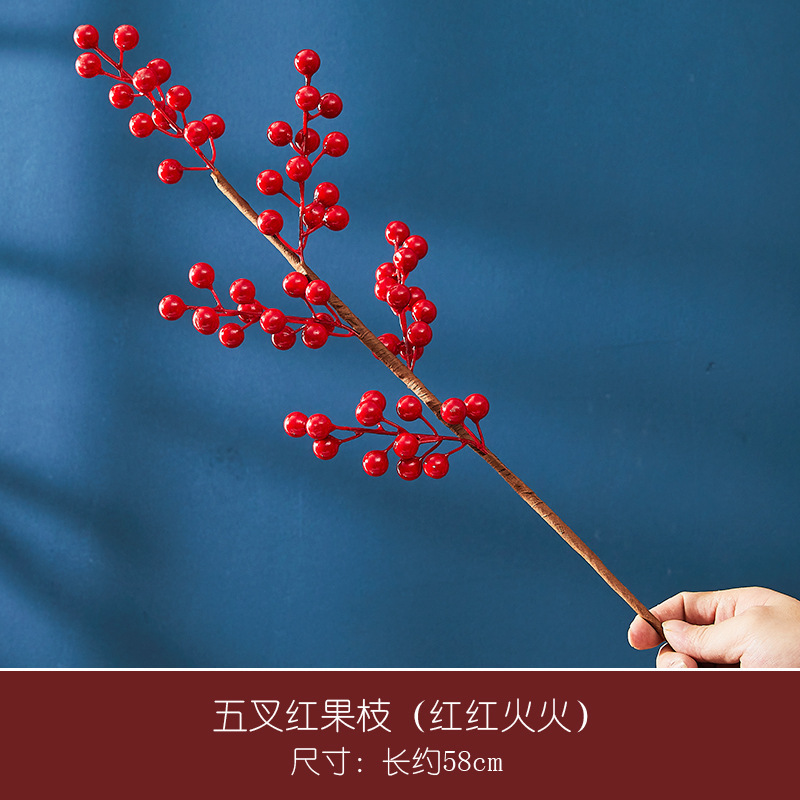 Picture of Red Fruit Branch Artificial Flower Holly Fruit Artificial Flower Red Berry Living Room Housewarming New Year Decoration Spring Festival Blessing Bucket Flower Arrangement Accessories