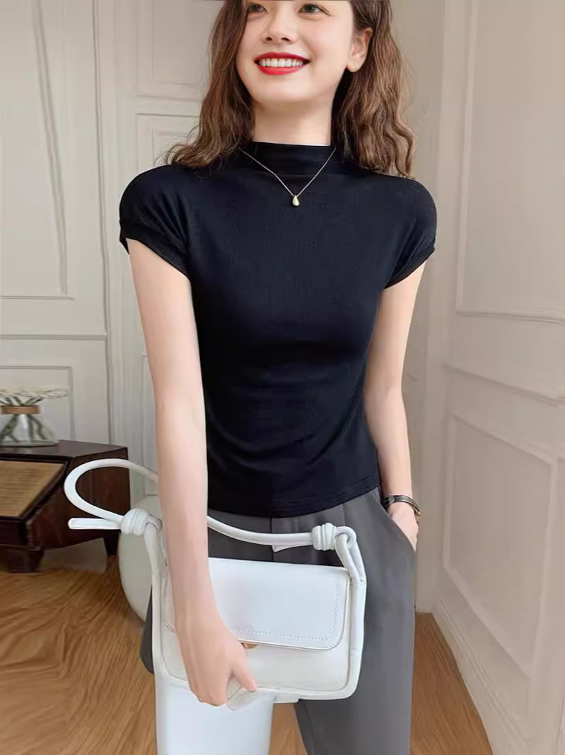 Picture of Korean Style Elegant Slim Mid-Collar Threaded Short-Sleeved T-Shirt for Women 2025 Spring and Summer Half Turtleneck White Bottoming Shirt Top Ins