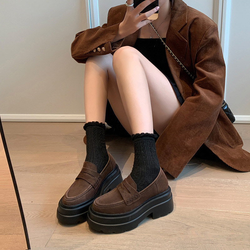 Deep Mouth Single-layer Shoes Women's 2024 New Spring and Autumn Loafers Genuine Leather Shoes Retro Thick Sole Comfortable High Heel Frosted Women's Shoes