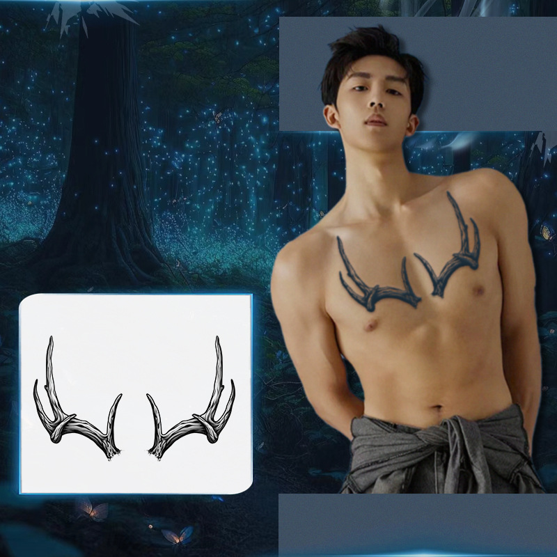 XMXP Large Antlers Simulation Herbal Tattoo Sticker Men's Waterproof and Long-lasting Personality New Pattern of Tattoo