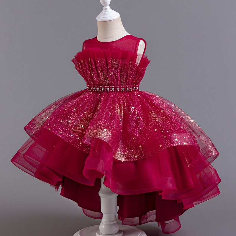 Cross-border children's dress Princess dress Western style sleeveless fluffy yarn trailing dress girl's piano catwalk show costume