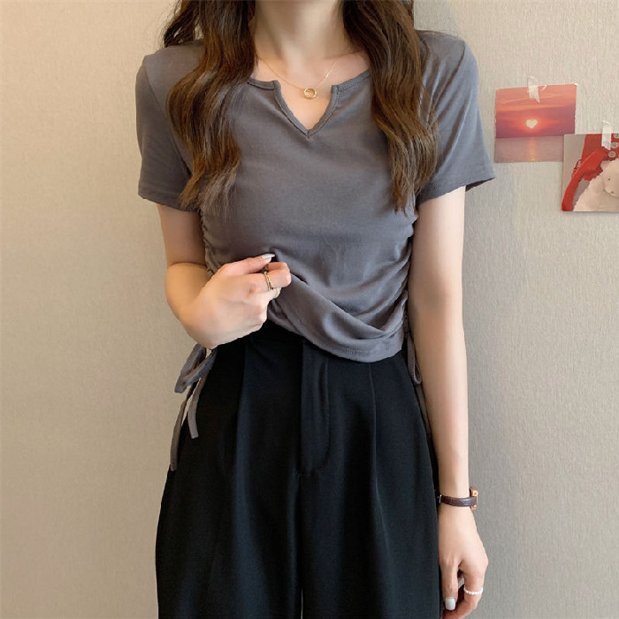 Picture of Designed V-Neck Drawstring Slim-Fit Pure Desire Style Short-Sleeve T-Shirt for Women, 2025 Summer New Solid Color Student Top Trendy