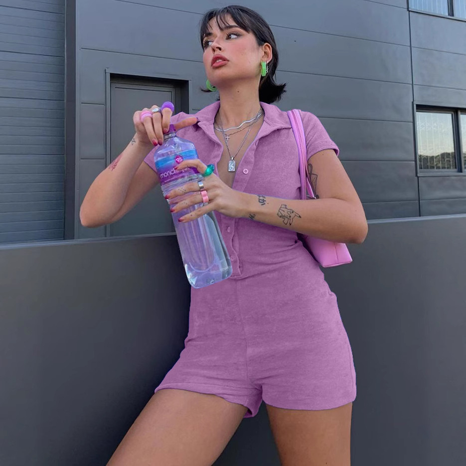 Picture of 2023 Amazon Spring and Summer Shorts European and American Hot Girl Women's Sexy Lapel Button Solid Color Hot Jumpsuit