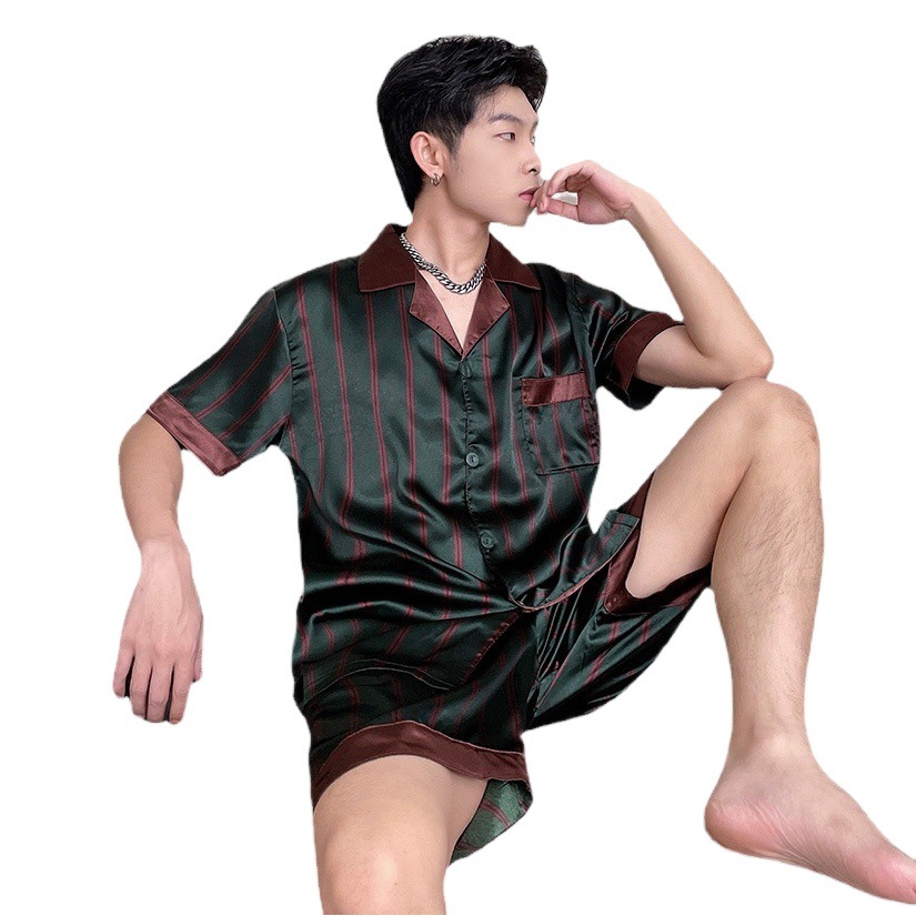 Plus size plus size men's pajamas Ice Silk short-sleeved shorts summer lapel fat fat loose homewear