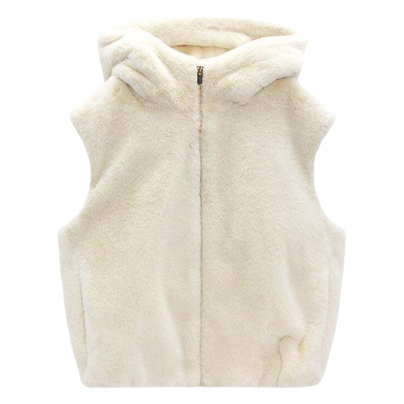 2022 autumn and winter new women's clothing fashion artificial fur effect hooded sleeveless beige vest female 6318238