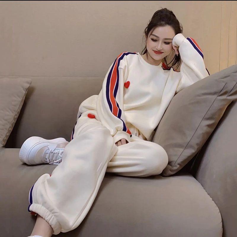 Large Size Casual Sports Suit Women's Spring and Autumn New European Station Cross-border European and American Style Internet Celebrity Long Sleeve Striped Two-piece Set