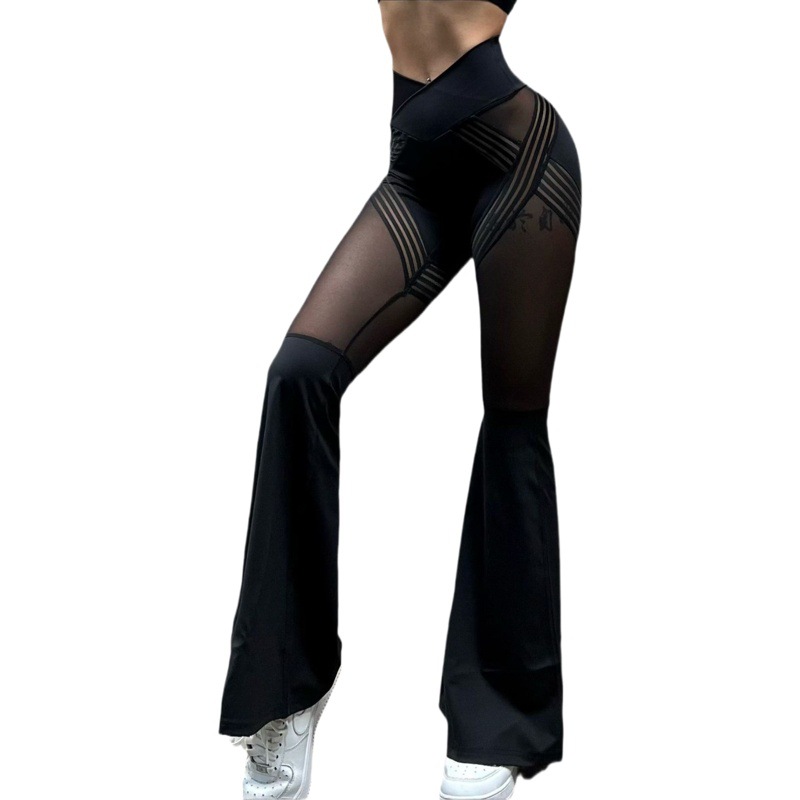 European and American Cross-border Hot Girls Sexy Mesh Stitching Horn Trousers Women's Fitness Yoga Dance High Waist Leisure Slimming