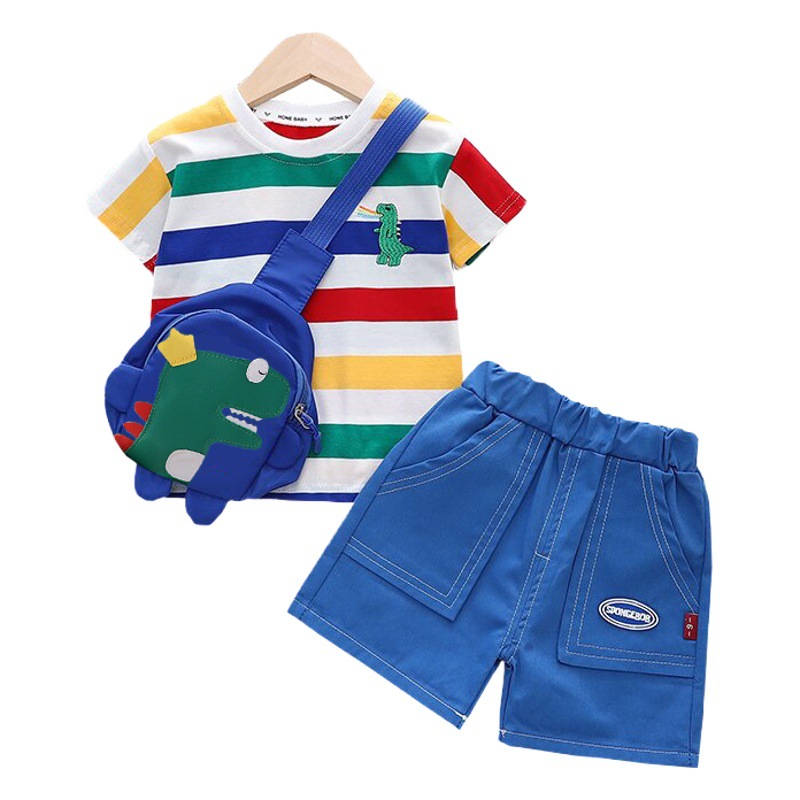 Boy's Handsome Fashionable Two-piece Set Boy's Summer Suit Western Style Children's Clothes Baby's Summer Clothes with Dinosaur Bag