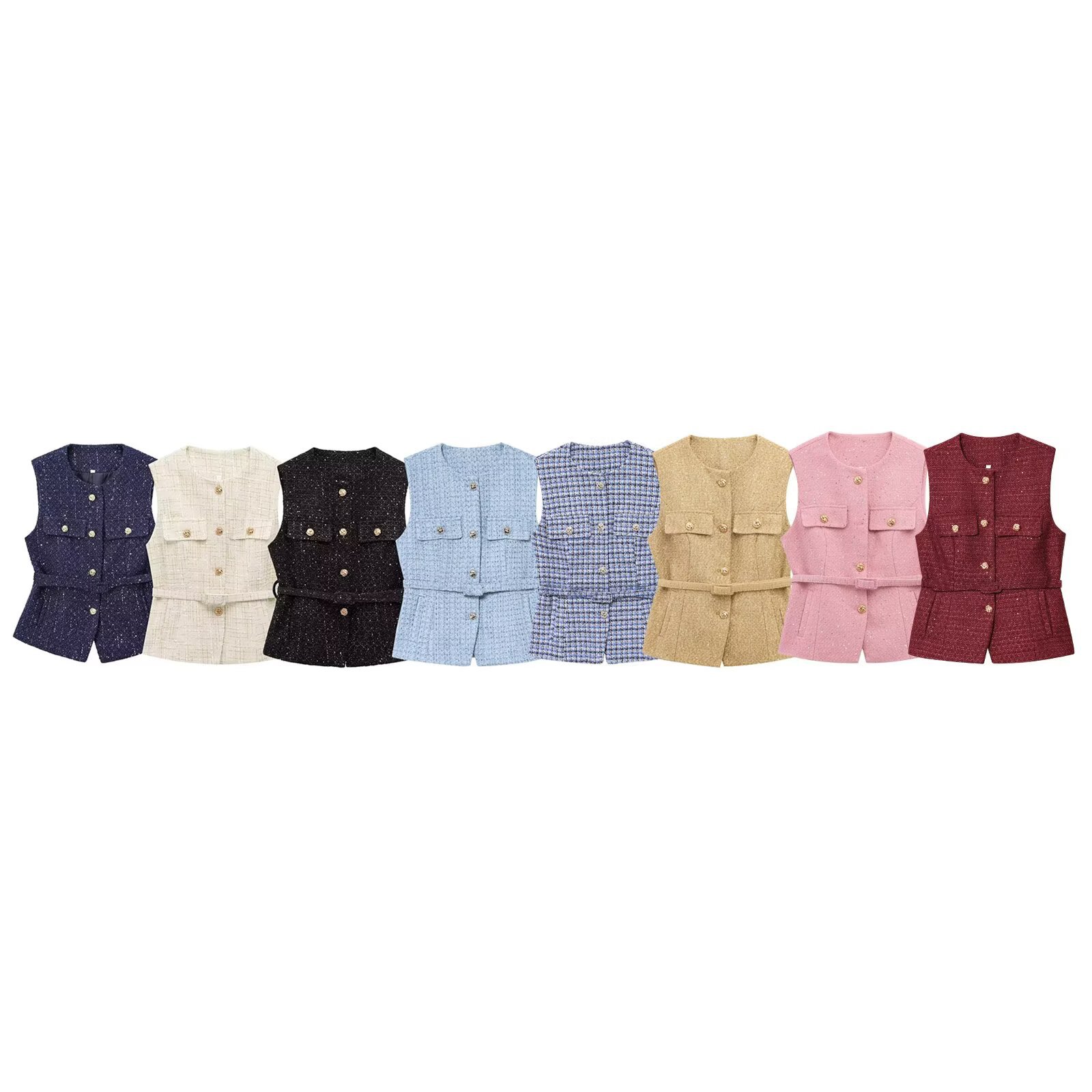 2025 Spring New European and American Style Fashion Casual with Belt Bead Ornaments Slub Texture Vest Women's Top