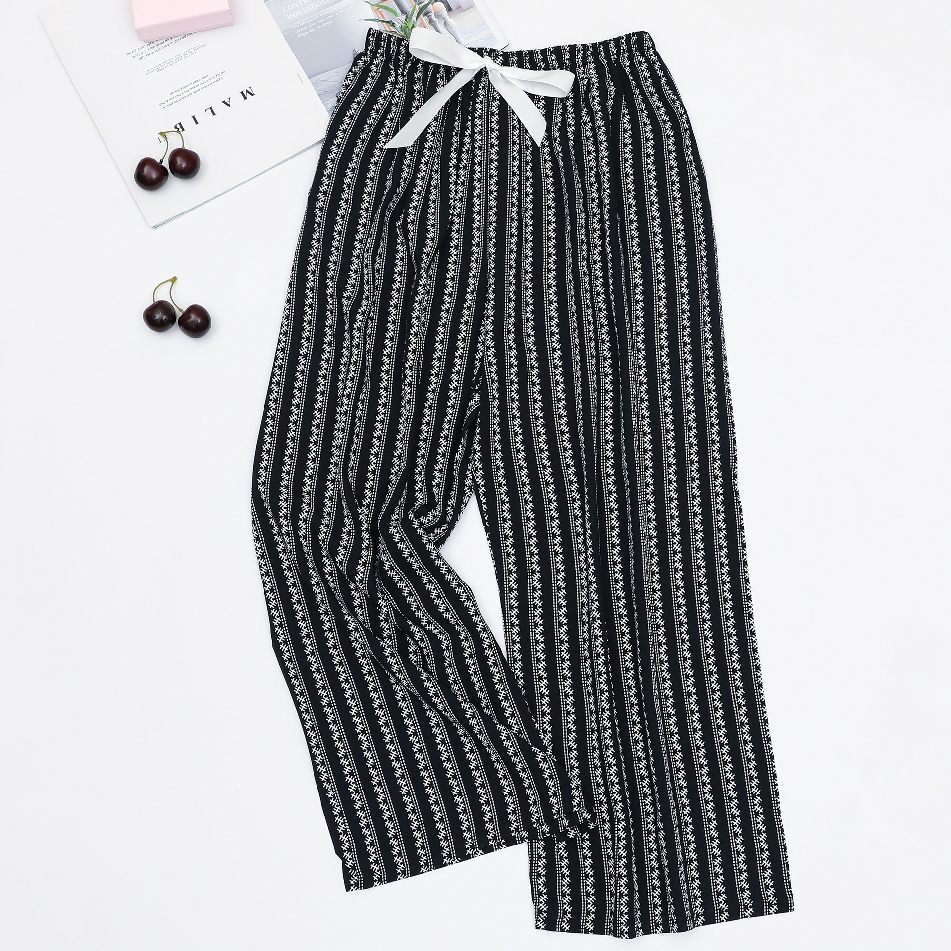 Picture of Cotton Silk Pajama Pants Women's Summer Thin Black and White Cartoon Style Wide Leg Pants Large Size Loose Outer Wearing Foreign Trade Beach Pants